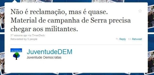 No Twitter, Juventude do Democratas reclama da organizao da campanha de Serra