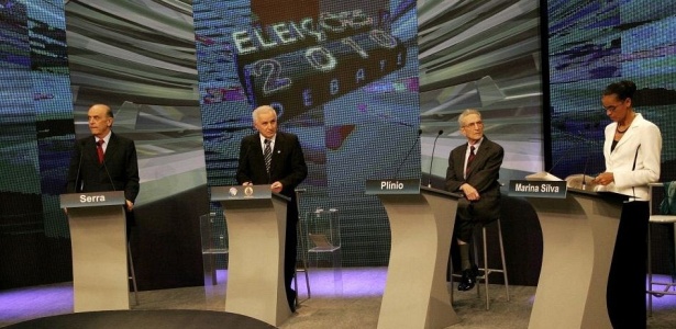 Os candidatos à Presidência da República José Serra (PSDB), Plínio de Arruda Sampaio (PSOL) e Marina Silva (PV) participam de debate promovido por emissoras de TV católicas