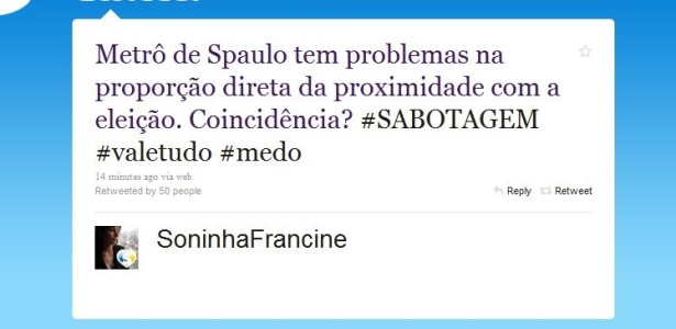 Post de Soninha sugerindo sabotagem no Metr de So Paulo